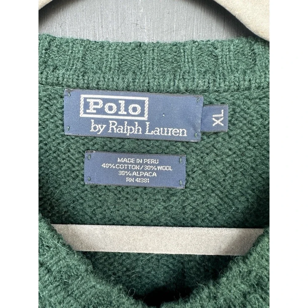 Vintage‎ Polo Ralph Lauren Alpaca Wool Pullover V Neck Sweater Suede Elbow Patch